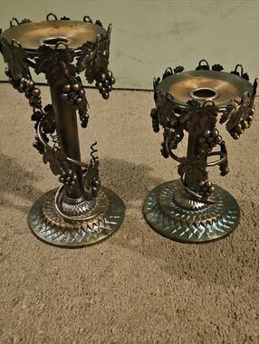 Vintage Grape Vine Silver Plated Metal Candle Holders Antique Brass Finish